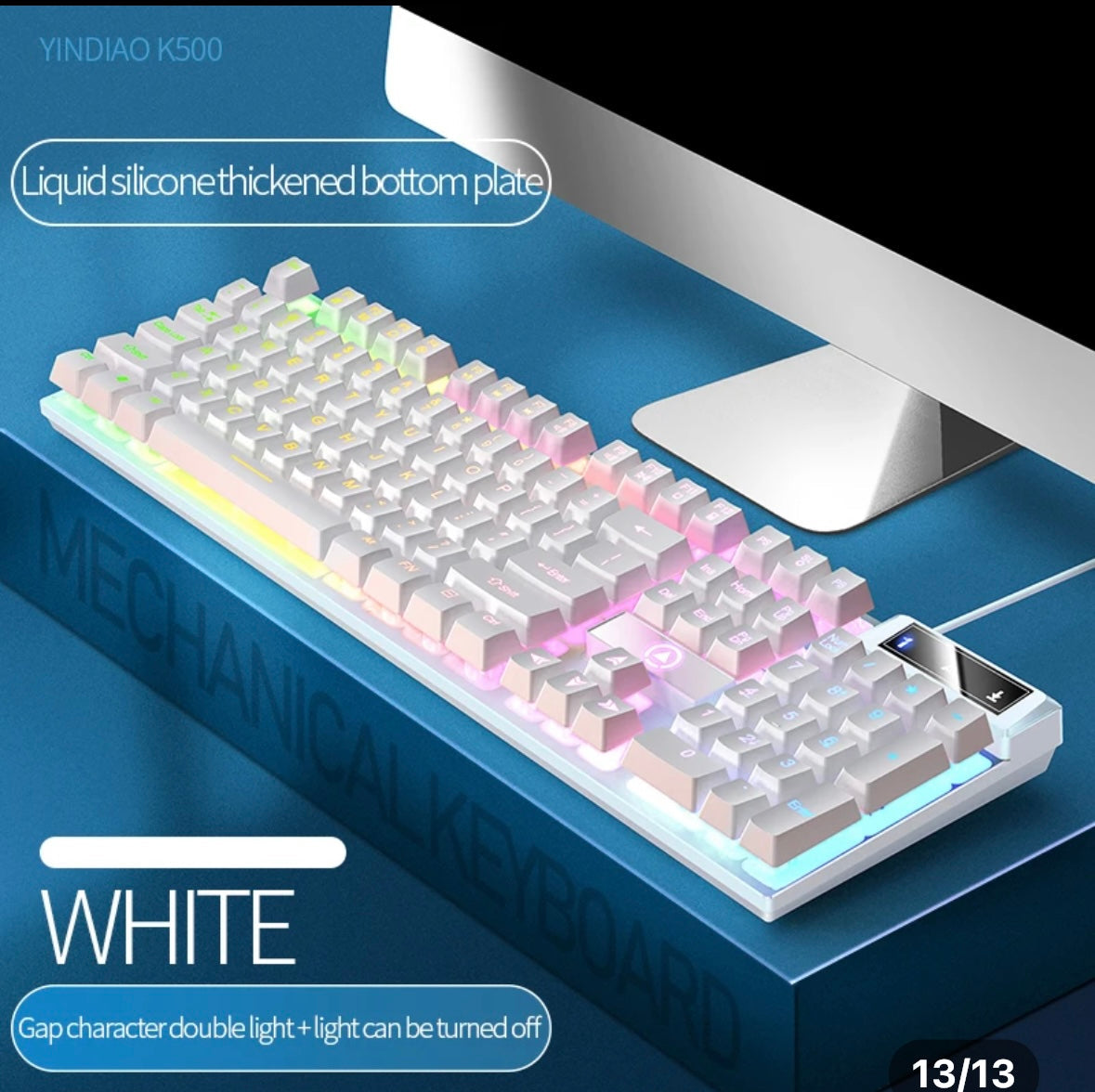 LED hybrid Backlit Keyboard 104key Water Resistant Black/ White/ Blue/ Pink/ Purple / Mixed colours