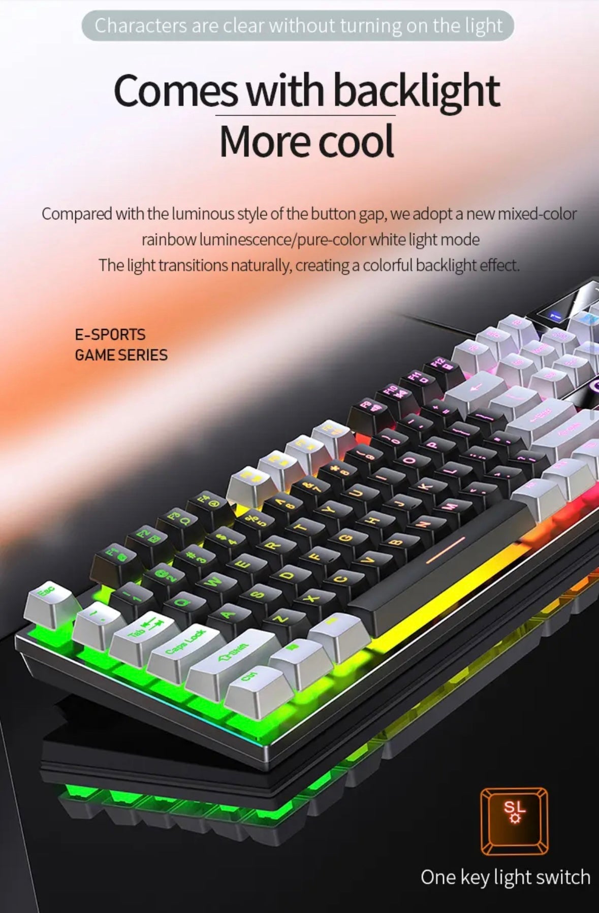 LED hybrid Backlit Keyboard 104key Water Resistant Black/ White/ Blue/ Pink/ Purple / Mixed colours