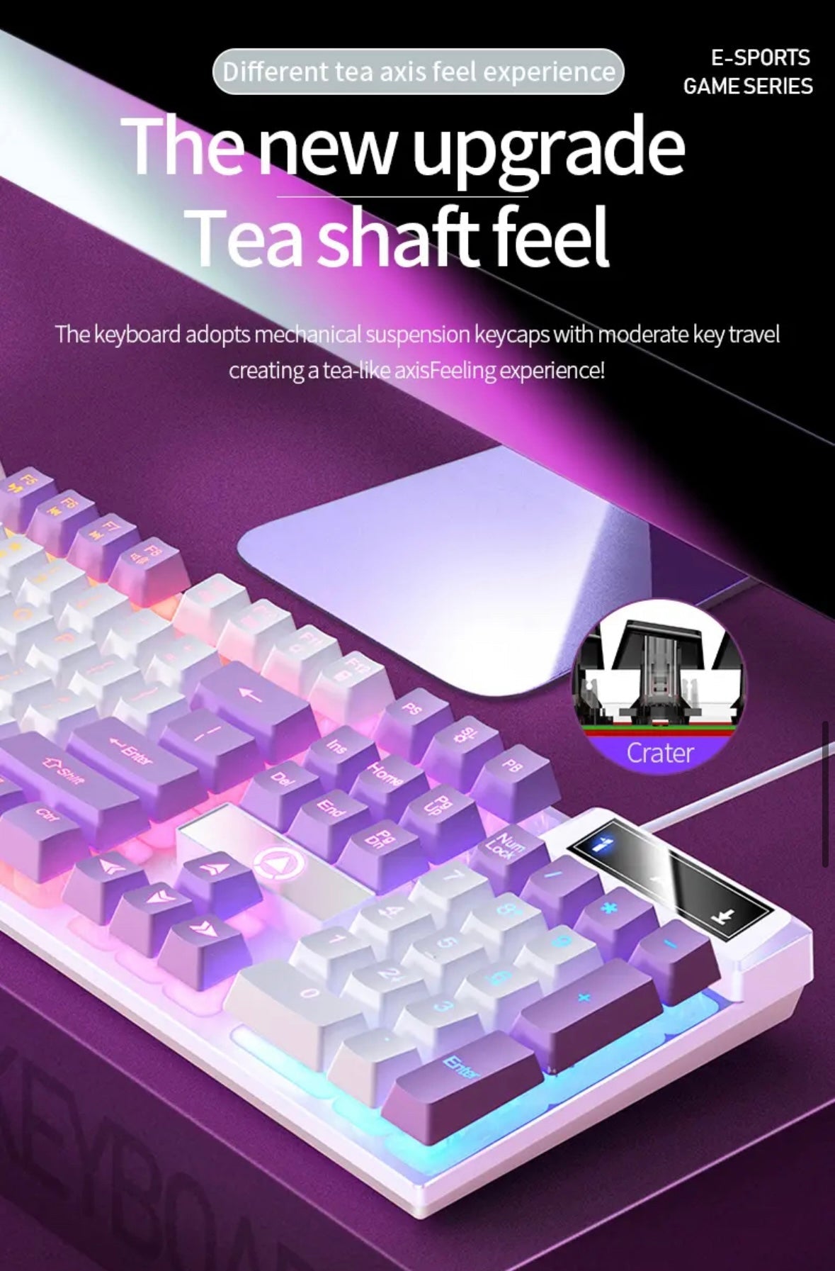 LED hybrid Backlit Keyboard 104key Water Resistant Black/ White/ Blue/ Pink/ Purple / Mixed colours